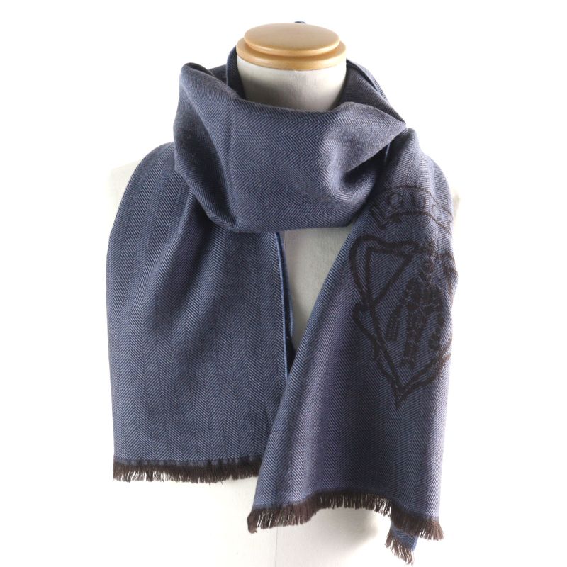 Gucci 344993 Wool Cles Stole Scarf With Fringe Blue Herringbone Pattern 40 X