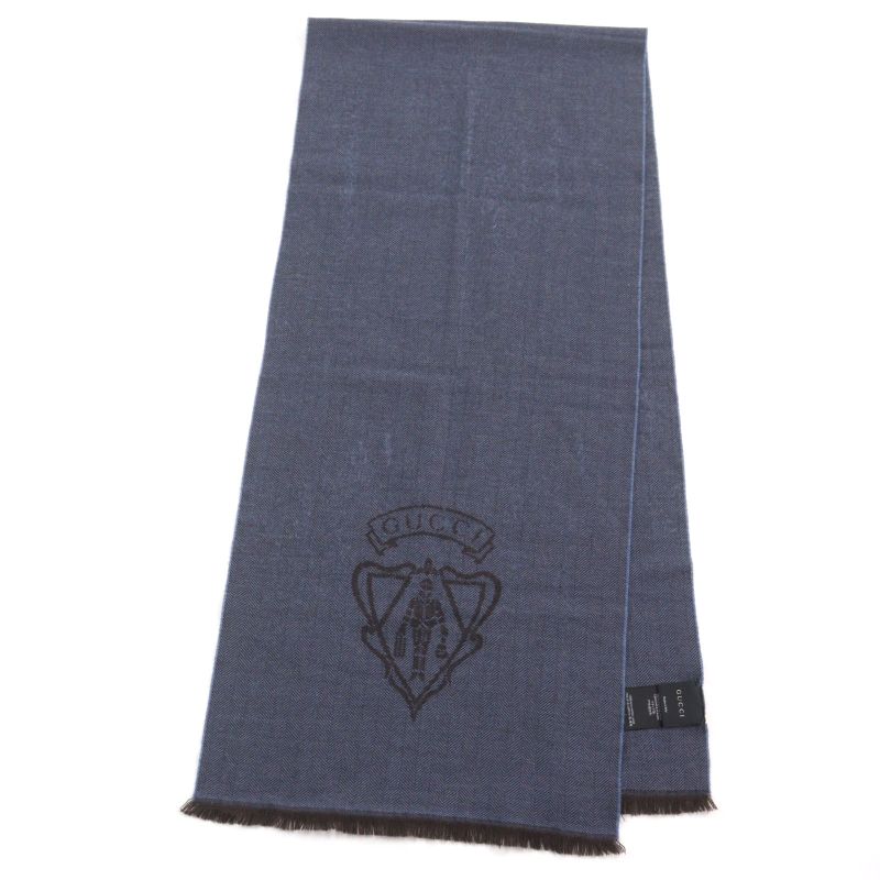 Gucci 344993 Wool Cles Stole Scarf With Fringe Blue Herringbone Pattern 40 X