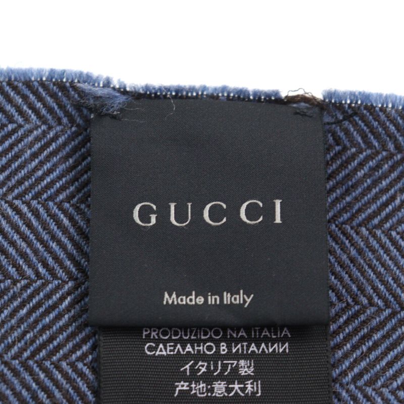 Gucci 344993 Wool Cles Stole Scarf With Fringe Blue Herringbone Pattern 40 X