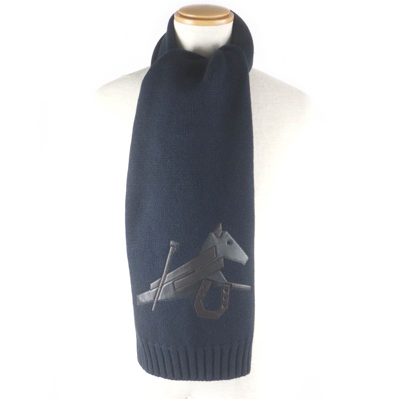 Hermes H393803t Puzzle Ekestre Cashmere Silk Lamb Leather Patch Scarf Navy Made