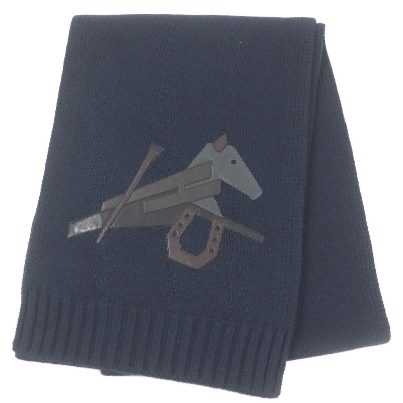 Hermes H393803t Puzzle Ekestre Cashmere Silk Lamb Leather Patch Scarf Navy Made
