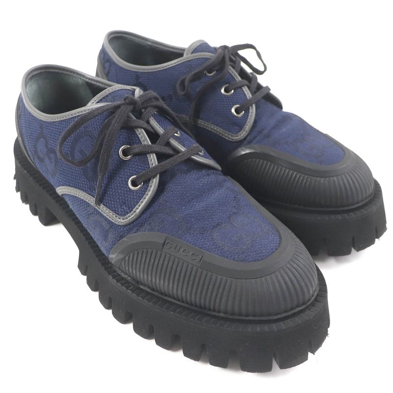 Gucci 699552 Maxi GG Lace-up Canvas Leather Piping Thick Soled Low Cut Shoes