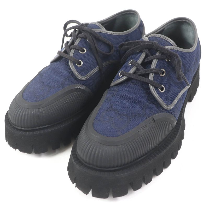 Gucci 699552 Maxi GG Lace-up Canvas Leather Piping Thick Soled Low Cut Shoes