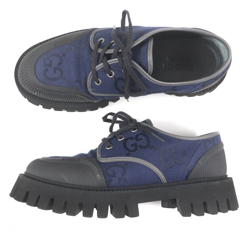 Gucci 699552 Maxi GG Lace-up Canvas Leather Piping Thick Soled Low Cut Shoes