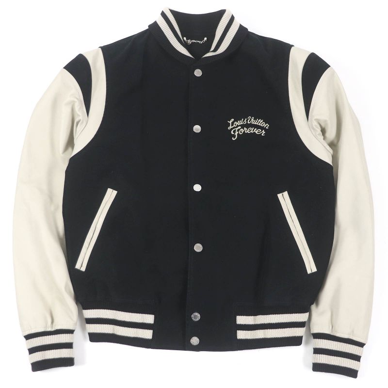 Louis Vuitton 19SS Logo Embroidery Sleeve Lamb Leather Varsity Jacket Stajan