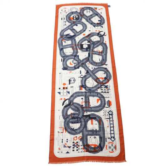 Hermes 23AW Rectangle Ample Fleur Cashmere Silk Etoupe / Orange/ Indigo Stole
