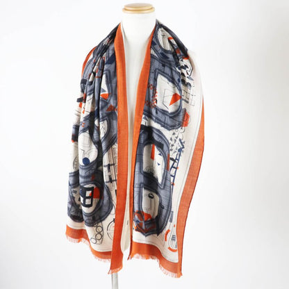 Hermes 23AW Rectangle Ample Fleur Cashmere Silk Etoupe / Orange/ Indigo Stole