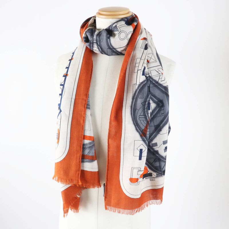 Hermes 23AW Rectangle Ample Fleur Cashmere Silk Etoupe / Orange/ Indigo Stole