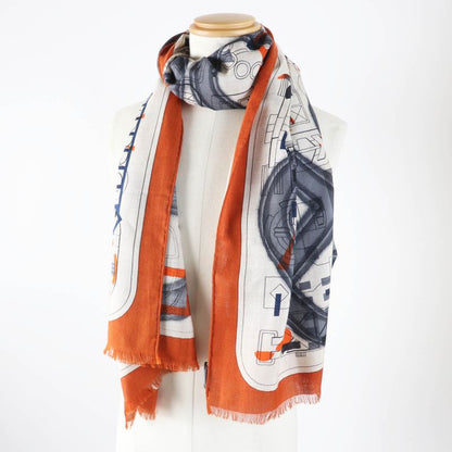 Hermes 23AW Rectangle Ample Fleur Cashmere Silk Etoupe / Orange/ Indigo Stole