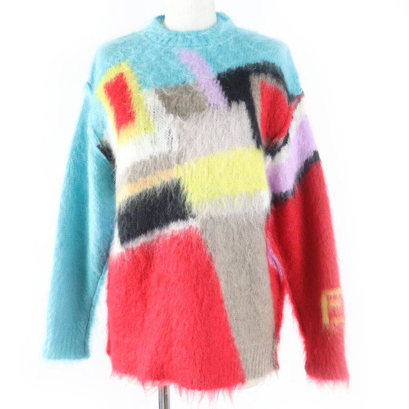 Fendi 2022 Fzx963 Mohair Wool Geometric Long Sleeve Knit Pullover Multi 34