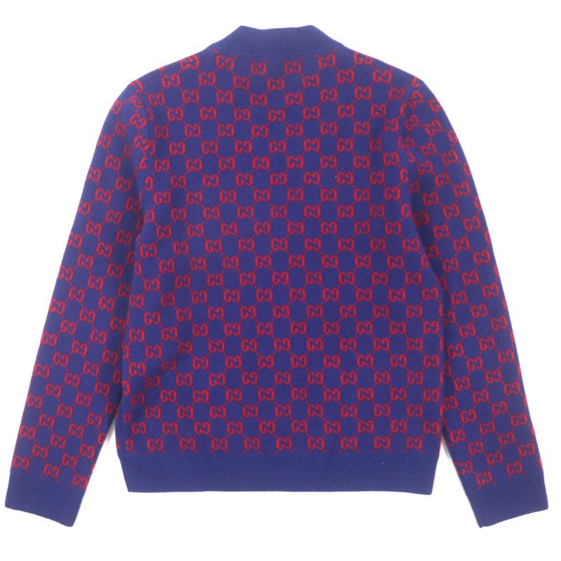 Gucci 597724 Wool Cashmere GG Pattern V-neck Logo Shell Button Cardigan Blue