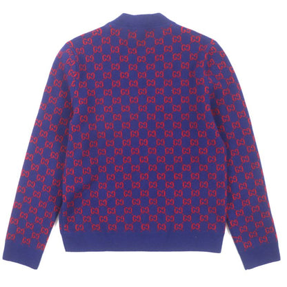 Gucci 597724 Wool Cashmere GG Pattern V-neck Logo Shell Button Cardigan Blue