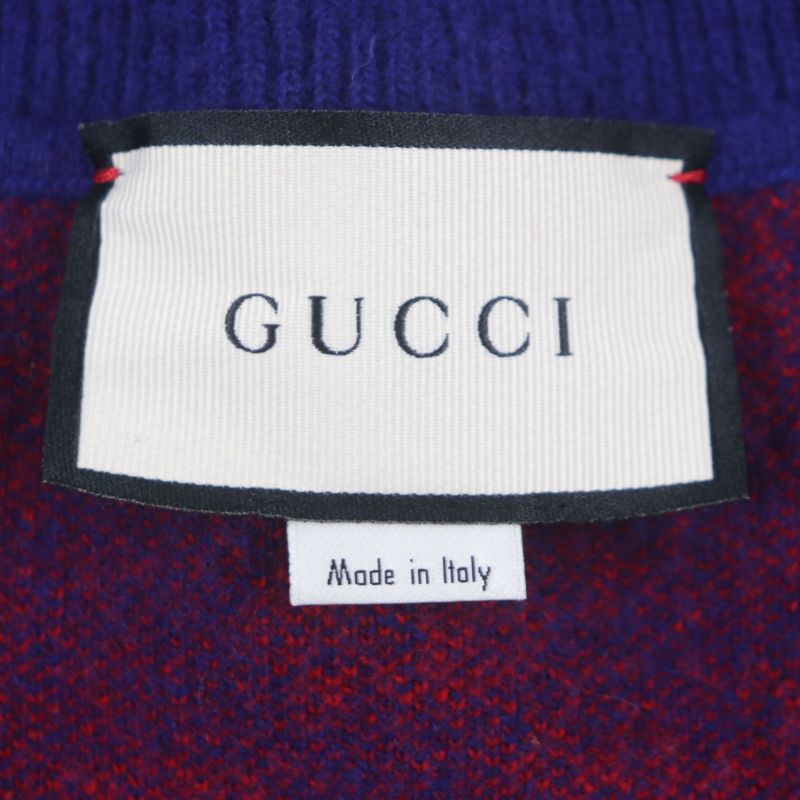 Gucci 597724 Wool Cashmere GG Pattern V-neck Logo Shell Button Cardigan Blue