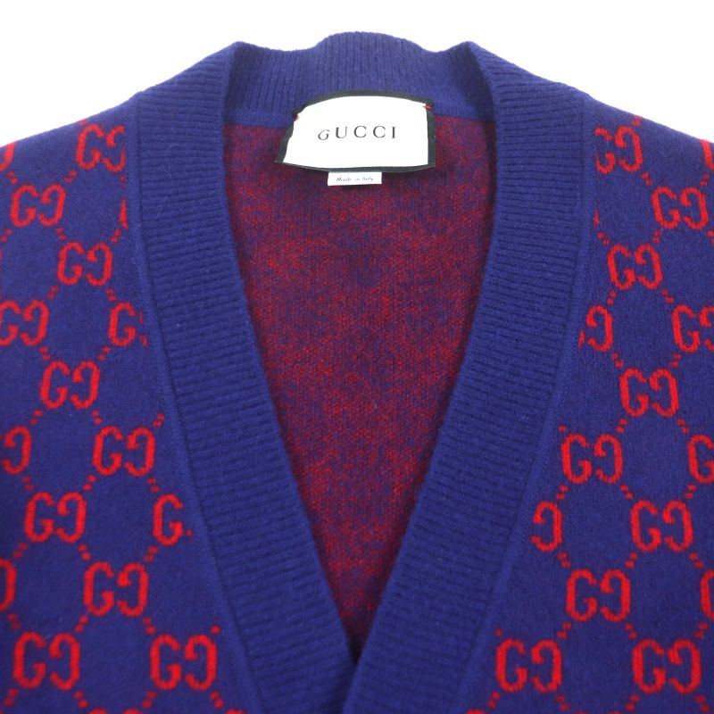 Gucci 597724 Wool Cashmere GG Pattern V-neck Logo Shell Button Cardigan Blue
