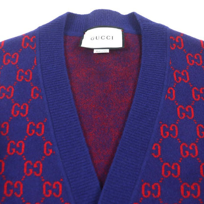Gucci 597724 Wool Cashmere GG Pattern V-neck Logo Shell Button Cardigan Blue