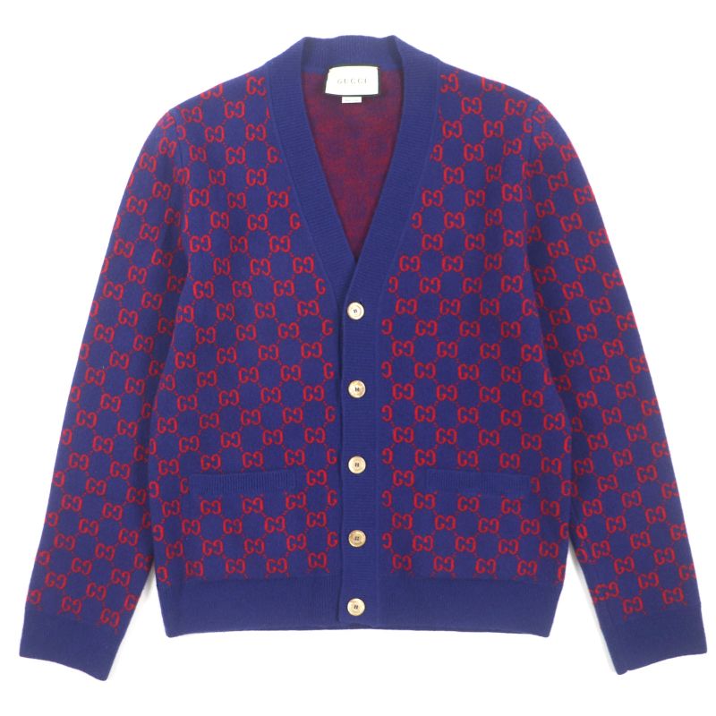 Gucci 597724 Wool Cashmere GG Pattern V-neck Logo Shell Button Cardigan Blue