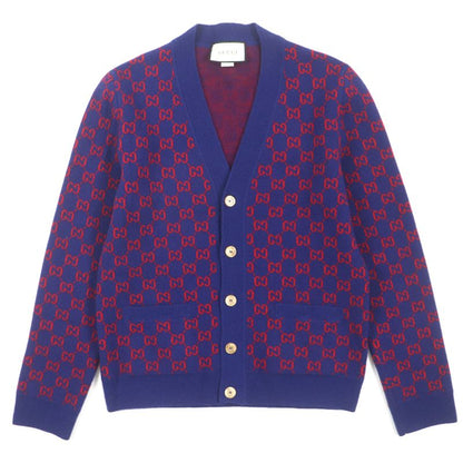 Gucci 597724 Wool Cashmere GG Pattern V-neck Logo Shell Button Cardigan Blue