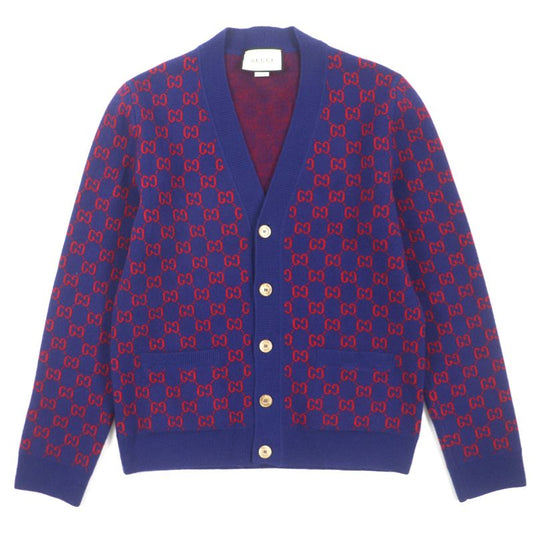 Gucci 597724 Wool Cashmere GG Pattern V-neck Logo Shell Button Cardigan Blue