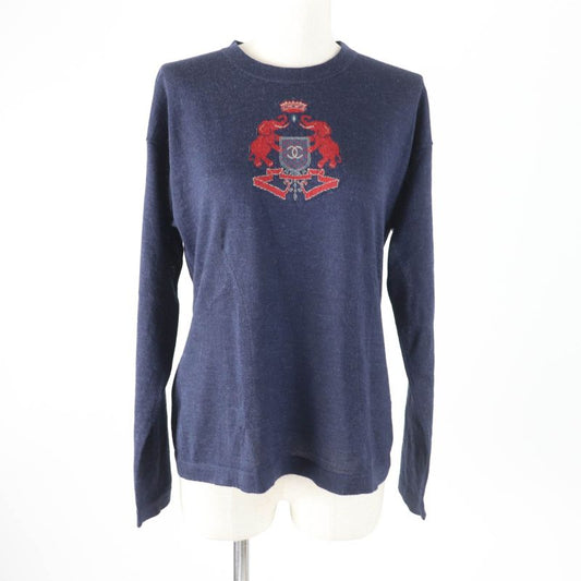 CHANEL P44155 100% Alpaca Coco Mark Elephant Crewneck Long Sleeves Knit Navy 38