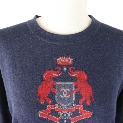 CHANEL P44155 100% Alpaca Coco Mark Elephant Crewneck Long Sleeves Knit Navy 38