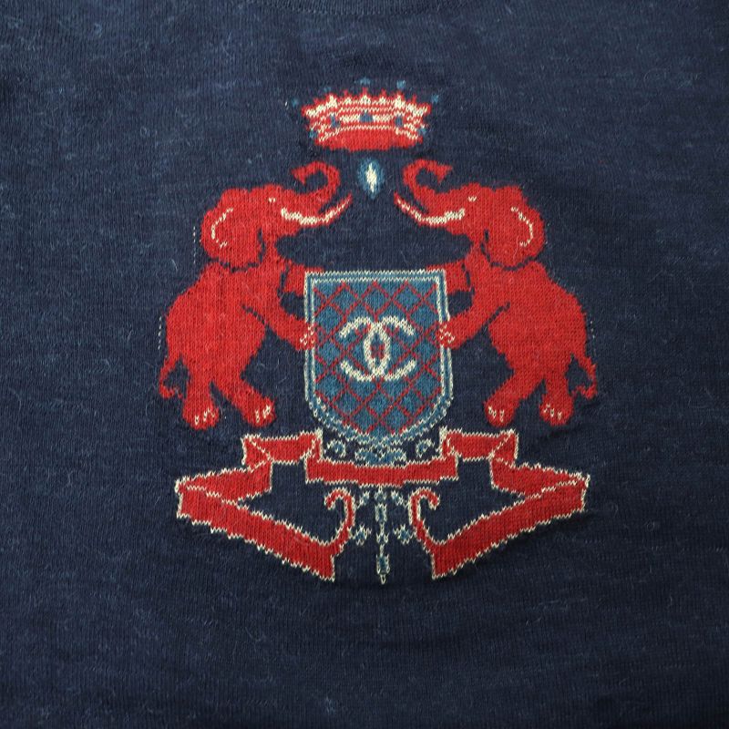 CHANEL P44155 100% Alpaca Coco Mark Elephant Crewneck Long Sleeves Knit Navy 38