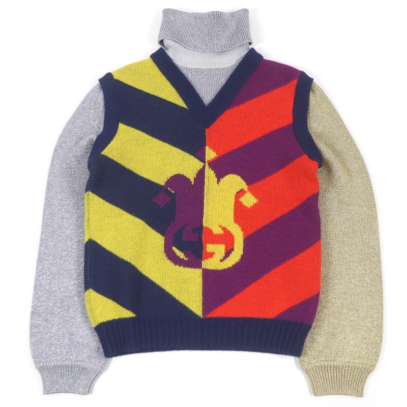 Gucci 724770 Wool GG Logo Jacquard Docking Design Turtleneck Knit Sweater