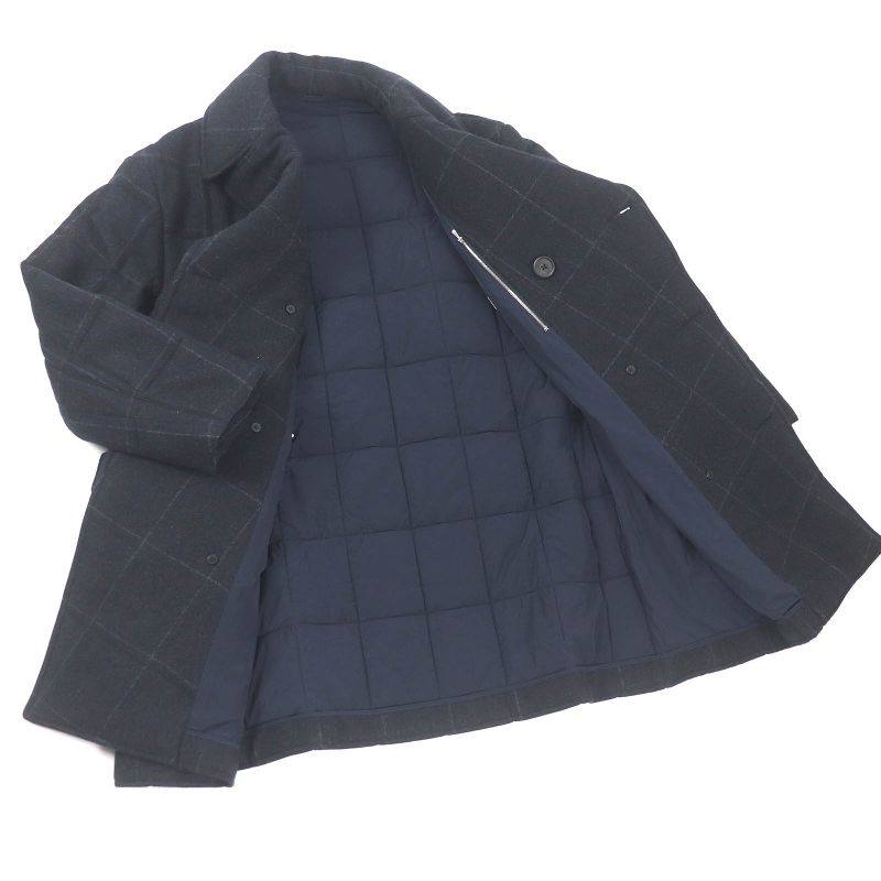 Hermes 23AW Wool Cashmere Checked Double Breasted Padded Chester Coat Navy 48