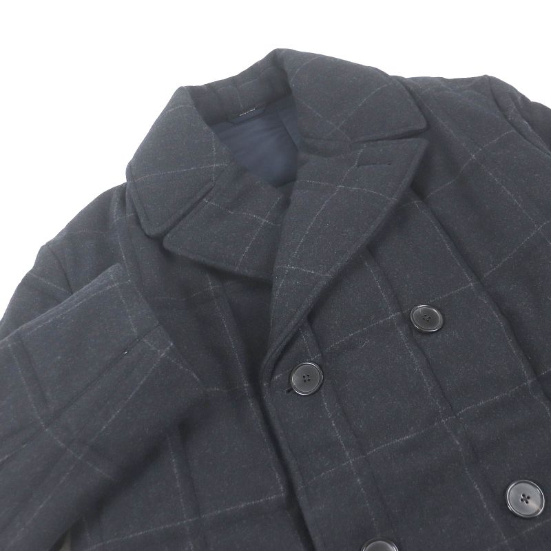 Hermes 23AW Wool Cashmere Checked Double Breasted Padded Chester Coat Navy 48