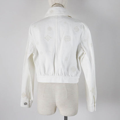 CHANEL P70204 Cotton Coco Mark Button Camellia Embossed Cropped Denim Jacket