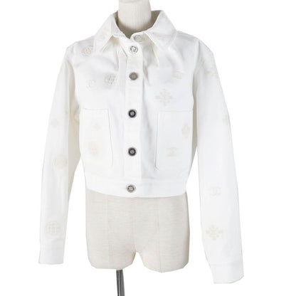CHANEL P70204 Cotton Coco Mark Button Camellia Embossed Cropped Denim Jacket
