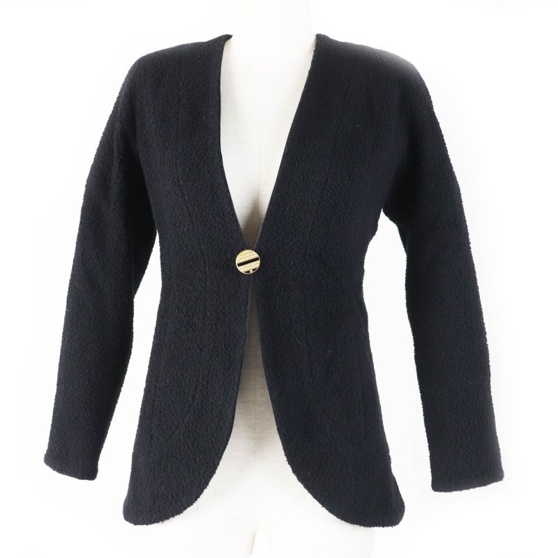 CHANEL 19A P61936 Wool Silk Single Color Tweed Collarless Jacket With Coco Mark