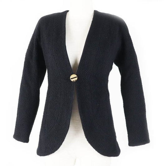 CHANEL 19A P61936 Wool Silk Single Color Tweed Collarless Jacket With Coco Mark