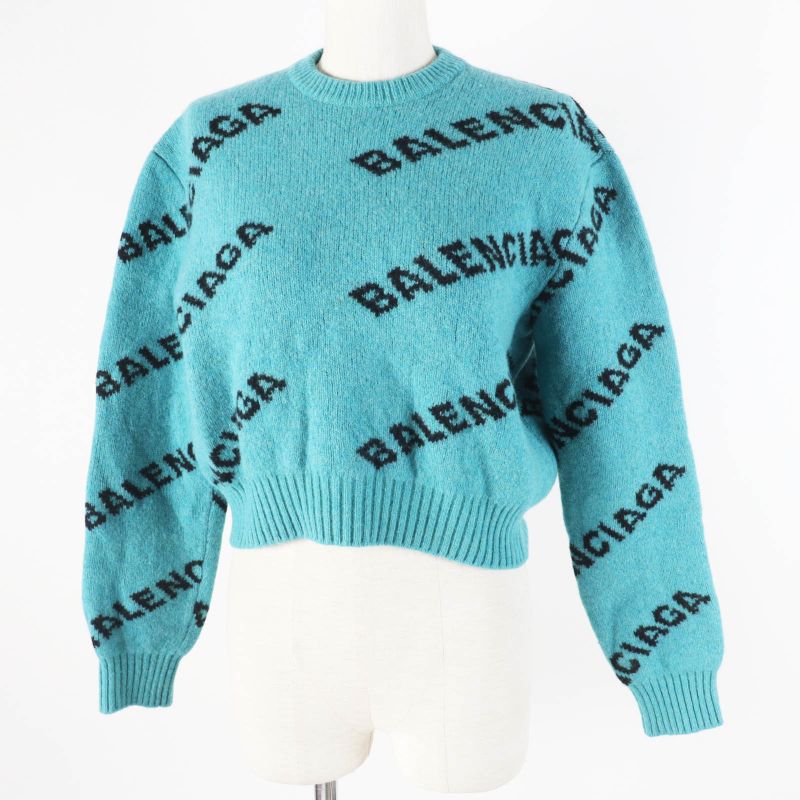 Balenciaga 529208 Wool Jacquard Logo Cropped Long Sleeve Knit Pullover Green