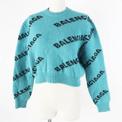 Balenciaga 529208 Wool Jacquard Logo Cropped Long Sleeve Knit Pullover Green