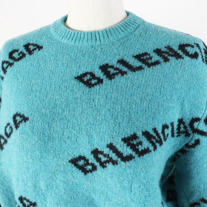 Balenciaga 529208 Wool Jacquard Logo Cropped Long Sleeve Knit Pullover Green