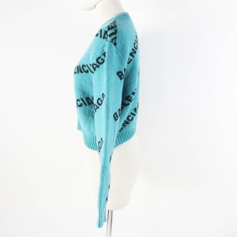 Balenciaga 529208 Wool Jacquard Logo Cropped Long Sleeve Knit Pullover Green