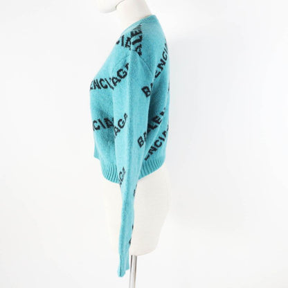 Balenciaga 529208 Wool Jacquard Logo Cropped Long Sleeve Knit Pullover Green