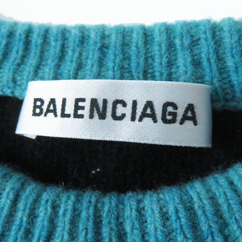 Balenciaga 529208 Wool Jacquard Logo Cropped Long Sleeve Knit Pullover Green