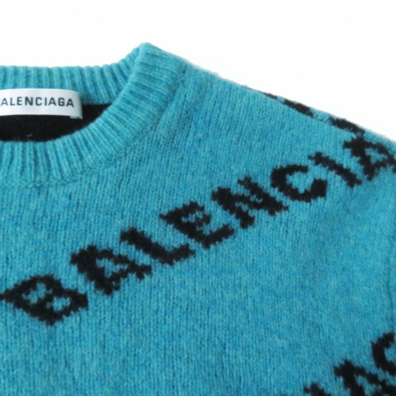 Balenciaga 529208 Wool Jacquard Logo Cropped Long Sleeve Knit Pullover Green