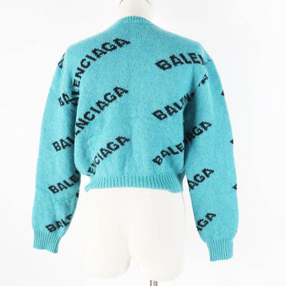 Balenciaga 529208 Wool Jacquard Logo Cropped Long Sleeve Knit Pullover Green