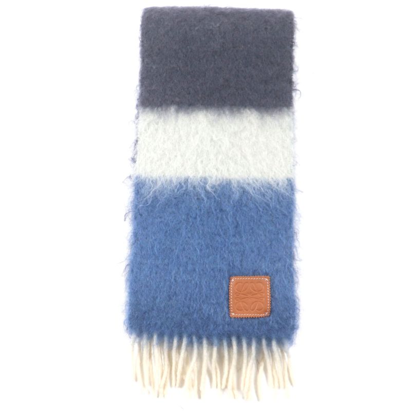 LOEWE Mohair Wool Anagram Leather Patch Fringed Scarf Navy Multi Made In Spain