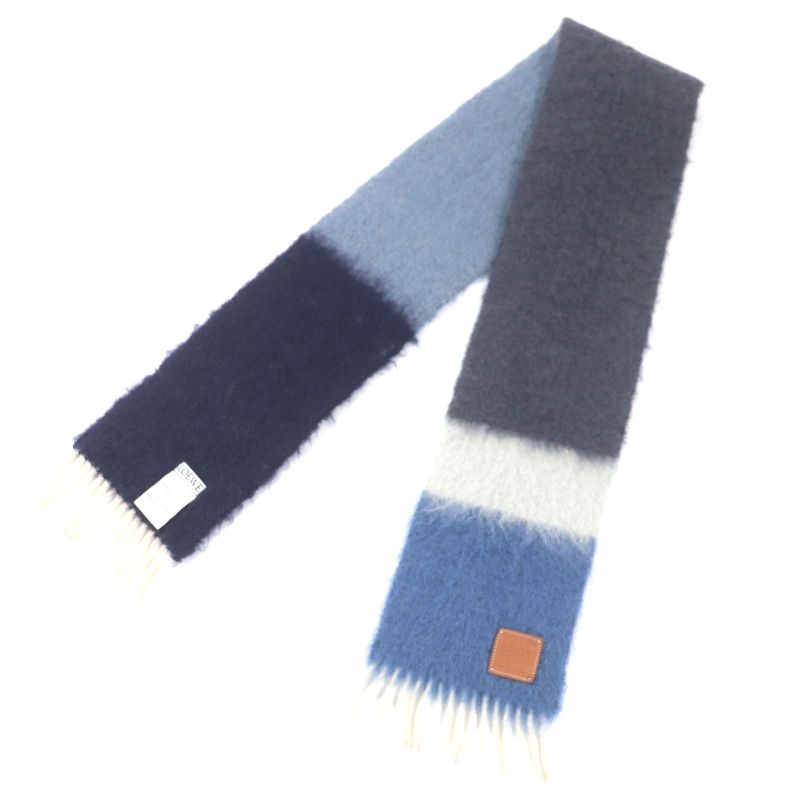 LOEWE Mohair Wool Anagram Leather Patch Fringed Scarf Navy Multi Made In Spain