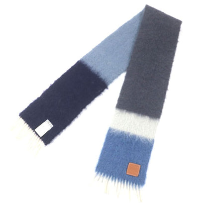 LOEWE Mohair Wool Anagram Leather Patch Fringed Scarf Navy Multi Made In Spain