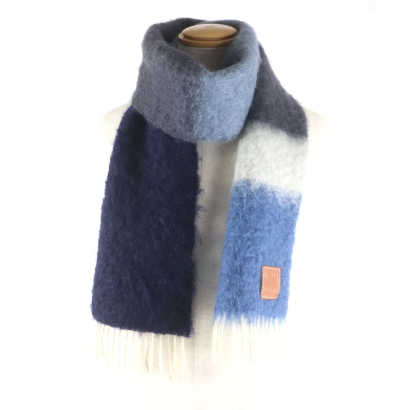 LOEWE Mohair Wool Anagram Leather Patch Fringed Scarf Navy Multi Made In Spain