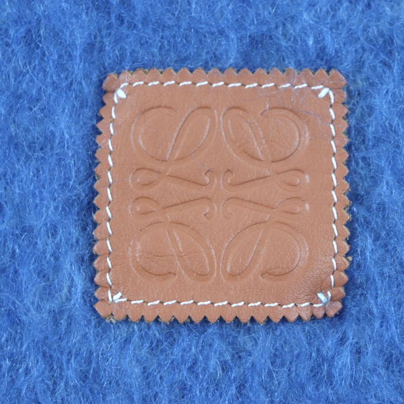 LOEWE Mohair Wool Anagram Leather Patch Fringed Scarf Navy Multi Made In Spain