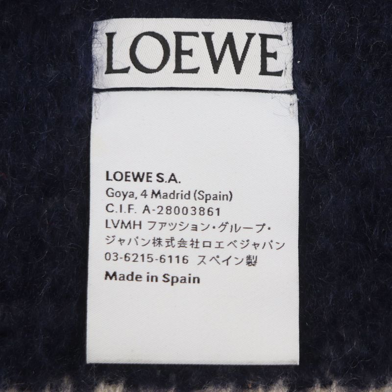 LOEWE Mohair Wool Anagram Leather Patch Fringed Scarf Navy Multi Made In Spain