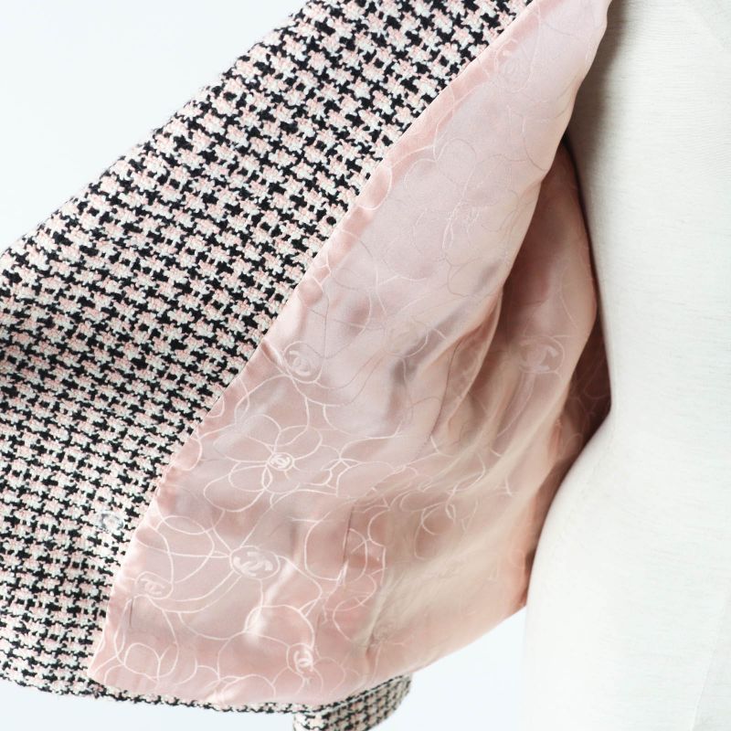 CHANEL P19033 02P Tweed Jacket With Logo Button Corsage Pink Black White 42