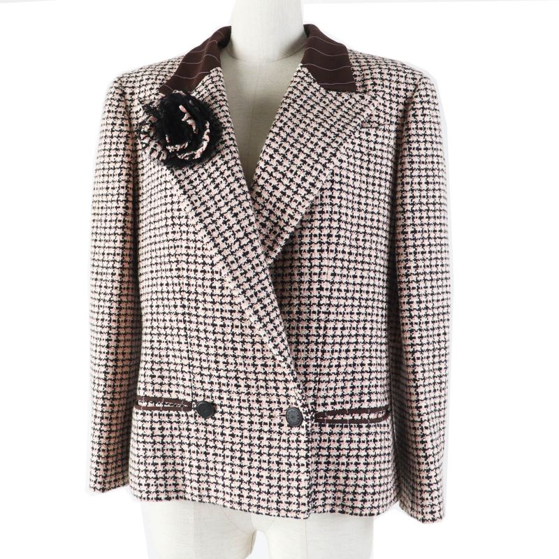 CHANEL P19033 02P Tweed Jacket With Logo Button Corsage Pink Black White 42