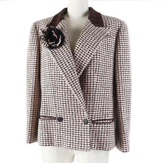CHANEL P19033 02P Tweed Jacket With Logo Button Corsage Pink Black White 42