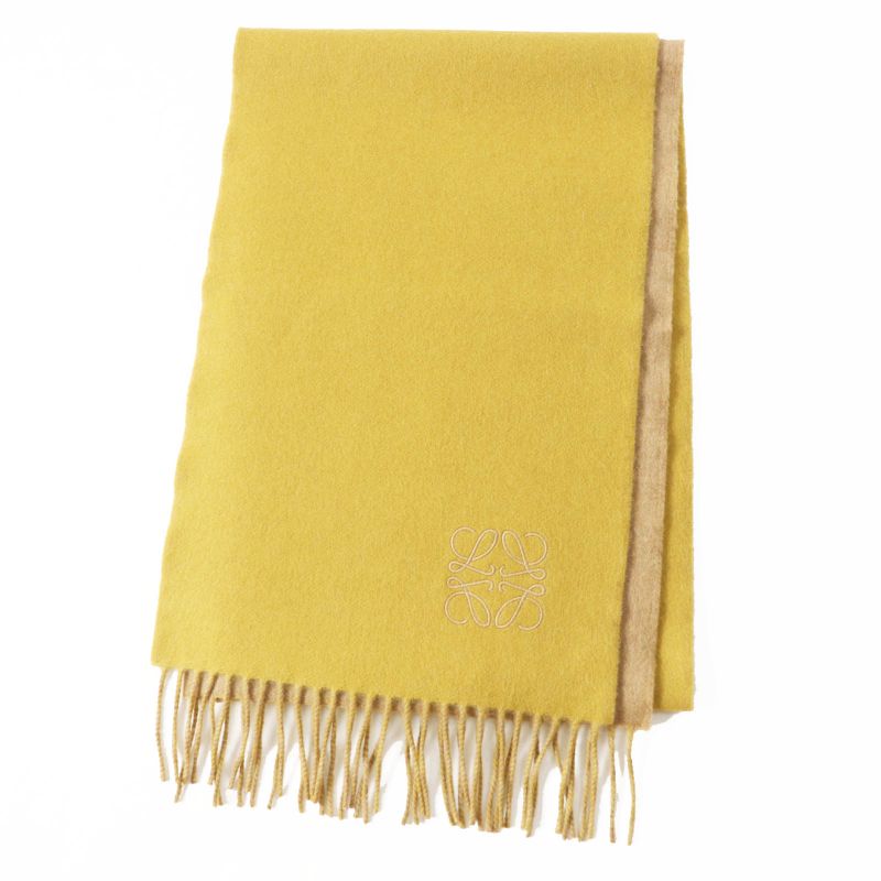 LOEWE Wool Cashmere Anagram Embroidery Fringed Scarf Mustard Beige Made In